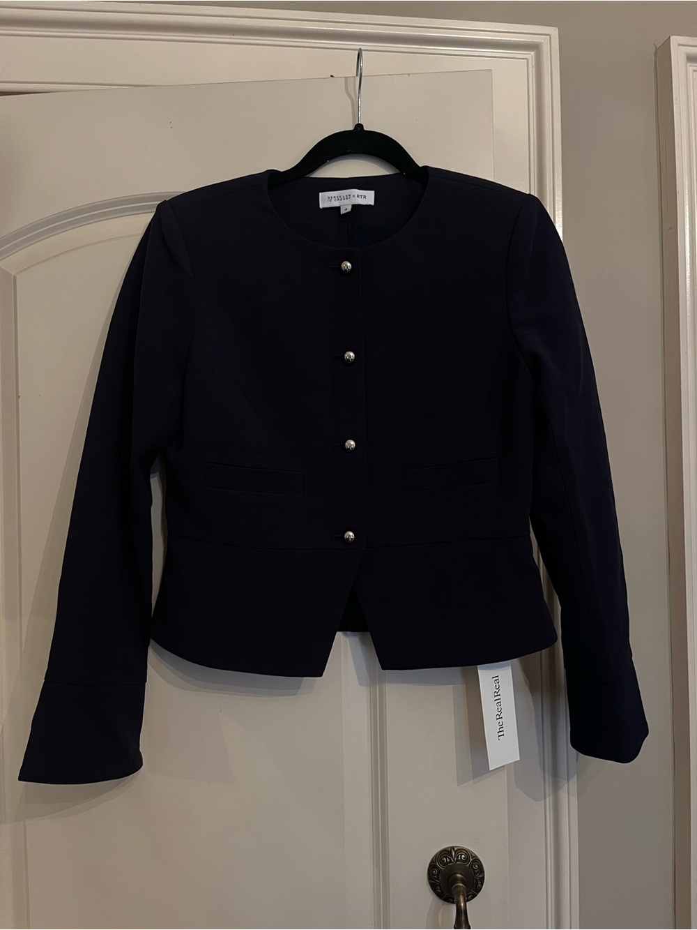 Derek Lam Navy silver Pearl-Button Collarless Jacket